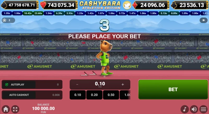 Cashybara Athletics Edition - główny ekran biegu z licznikiem mnożnika